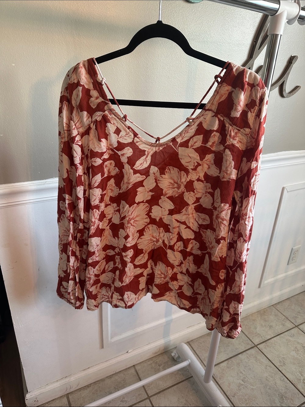 Billabong Rust Floral V-Neck Blouse with Strap Detail